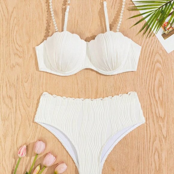 White Women's Beach Vacation Textured Faux Pearl Shoulder Strap Bikini Set - Picture 4 of 6
